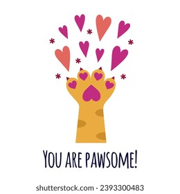 Cat paw with bright hearts, vector icon. Kitten foot with soft pink pads, claws, striped fur. Hand of a cute pet raised up, isolated on white. Flat cartoon clipart for Valentines day, date, cards, web