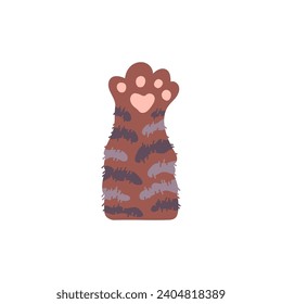 Cat paw, brown with gray and black stripes, vector illustration isolated on white. Clip art of cute furry pet claws in simple cartoon flat style.