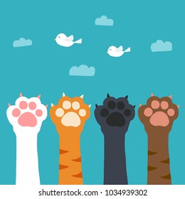 Cat paw catch bird on sky cartoon vector illuatration