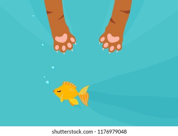 Cat paw catch, fishing gold fish under water background. Fun cartoon vector illustration.