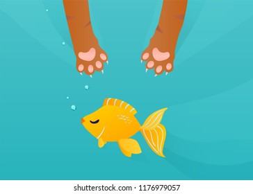 Cat paw catch, fishing gold fish under water background. Fun cartoon vector illustration.