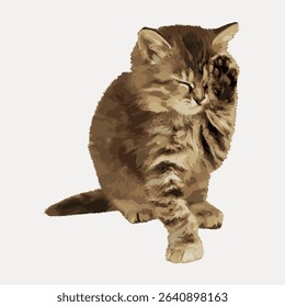 Cat with a paw up to its closed eyes illustration, vector element.