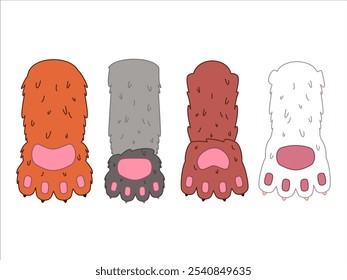 Cat paw collection fluffy furs cats pinky pads colorful fur different breed feline mammal animal pet design set icons