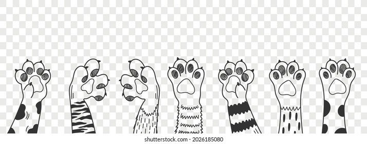 Cat paw. Different cat paws set vector illustration. Collection of various cute cartoon domestic animal foot.
