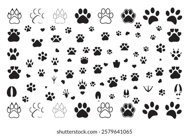 Cat Paw Dog Paw vector icon illustration. Different animal paw. Paw Prints. Black. Dog, puppy