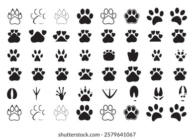 Cat Paw Dog Paw vector icon illustration. Different animal paw. Paw Prints. Black. Dog, puppy