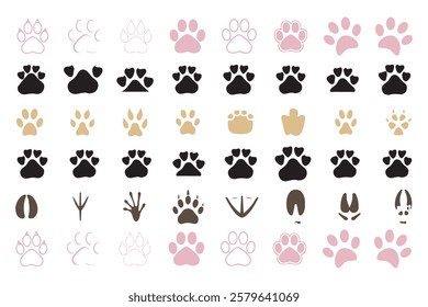 Cat Paw Dog Paw vector icon illustration. Different animal paw. Paw Prints. Black. Dog, puppy