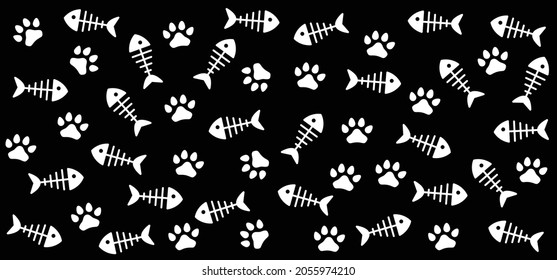 Pata de gato, hueso de pescado. Icono de hueso de pescado Pista o símbolo de silueta de huella. Patrón de línea de dibujos de gatos de huesos de pescado. Pictograma de silueta gitana. Signo de skeleton de dibujo animado plano vectorial. Día del gato.