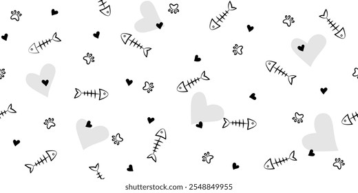 Cat paw and fish bone with love pattern, white seamless background.