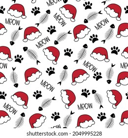 Cat paw , fish bone, and santa hat  seamless pattern for Christmas - Good for textile print, wrapping paper, and other gifts design.