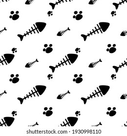 Cat paw, fish bone Seamless Pattern of Black Heads of Cats white Background. Vector illustration. Animal silhouette. Wallpaper and fabric design and decor.