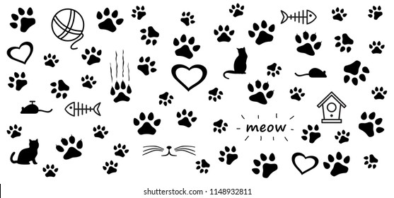 Cat paw, fishbone, mouse, bone icon Footsteps or footprint silhouette sign. Fishbone Drawing cats line pattern. Kitty silhouette pictogram. Flat vector fish skeleton foot cartoon sketch sign. Cat day.