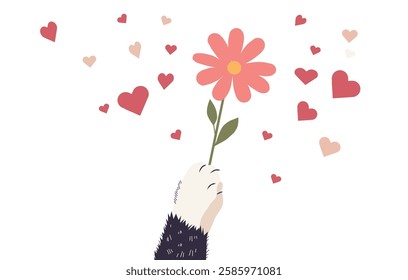 cat paw with flower and flying hearts vector illustration valentine's day concept,kitten paw illustration
