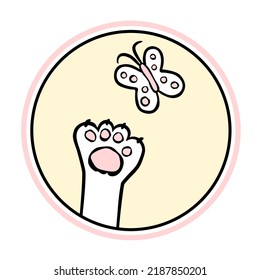 Cat paw with flying butterfly in circle icon vector silhouette drawing illustration.Cartoon footprint for kids.Kitten trail.T shirt print. Plotter laser cutting.Cricut cut.Vinyl wall sticker decal.DIY