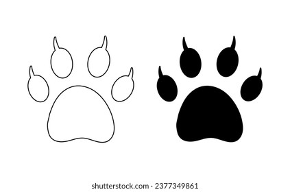 Katzenfußdruck mit Klauen auf Weiß. Vektorgrafik. Silhouette, Kontur. Spuren von Tigern, Löwen, Leoparden, Geparden, Jaguar, Cougar, Puma, Luchs, Serval, Caracal, Ocelot-Markierungen. Für Symbole, Kleidung, Druck