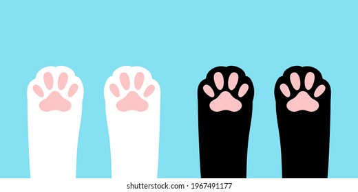 Cat paw foot print leg set. Kitten footprint icon. Cute cartoon character body part silhouette. Baby pet collection. Love. White black pink sign symbol. Flat design. Blue background. Isolated. Vector