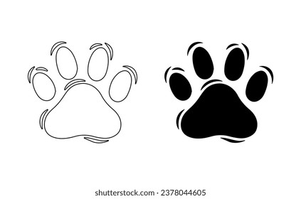 El pie de la garra del gato se imprime en blanco. Vector. Silhouette, contorno. Rasgos de tigre, león, leopardo, chita, jaguar, cougar, puma, lince, serval, caracal, marcas de ocelot. Iconos, prendas de vestir, textiles, tiendas de animales