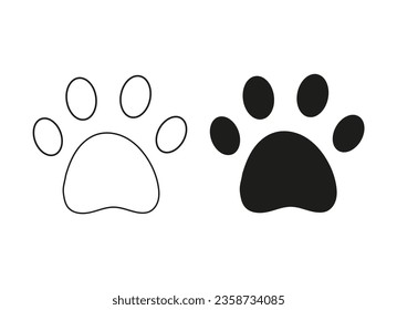 Cat paw footprint, black silhouette, outline. Vector isolated on white. Traces of tiger, lion, leopard, cheetah, jaguar, cougar, puma, lynx, serval caracal ocelot Icon clothing textile pet store