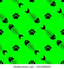 cat paw footprint and fish skeleton, seamless pattern