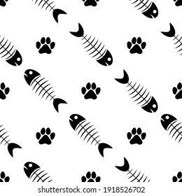 Cat paw footprint and fish skeleton, seamless pattern