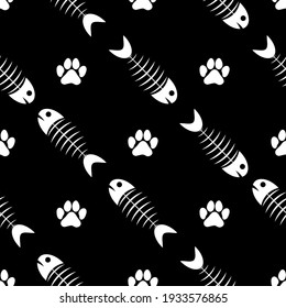 cat paw footprint and fish skeleton, seamless pattern, vector illustration