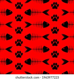 cat paw footprint and fish skeleton, seamless pattern, vector illustration