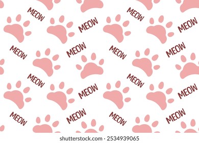 Cat paw footprint seamless pattern. Cartoon hand-drawn vector isolated on white