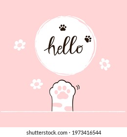 Cat paw and hand written font on pink background vector illustration.