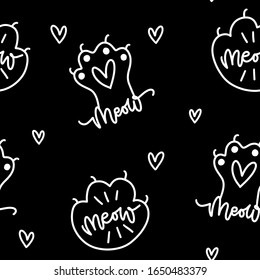 Cat paw and heart seamless pattern for a pet birthday party backdrop, gift or product wrapping. Calligraphy meow word and kitten footprint vector clipart styled as repeat design.