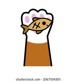 Cat paw hold fish. Proper nutrition and pet food. Kitten with toy. Outline cartoon illustration