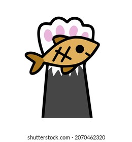 Cat paw hold fish. Proper nutrition and pet food. Kitten with toy. Outline cartoon illustration