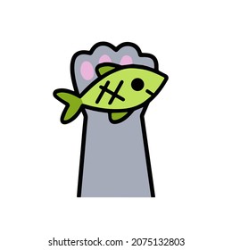 Cat paw hold fish. Proper nutrition and pet food. Kitten with toy. Outline cartoon illustration