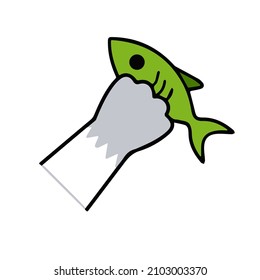 Cat paw hold fish. Proper nutrition and pet food. Kitten with toy. Outline cartoon illustration