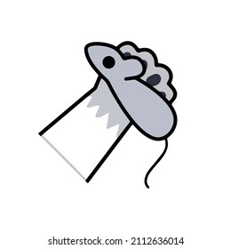 Cat paw hold mouse. Playing with toy and hunting pet. Healthy and active animal. Cartoon illustration