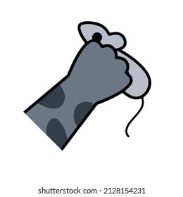 Cat paw hold mouse. Playing with toy and hunting pet. Healthy and active animal. Cartoon illustration