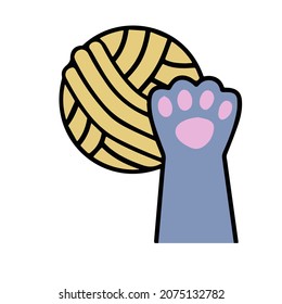 Cat paw hold skein of woolen threads. Playful pet. Activity and fun of animal. Hand caught ball. Cartoon illustration