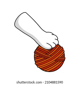 Cat paw hold skein of woolen threads. Hand caught ball. Cartoon illustration. Playful pet. Activity and fun of animal