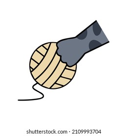 Cat paw hold skein of woolen threads. Playful pet. Activity and fun of animal. Hand caught ball. Cartoon illustration