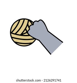 Cat paw hold skein of woolen threads. Playful pet. Activity and fun of animal. Hand caught ball. Cartoon illustration