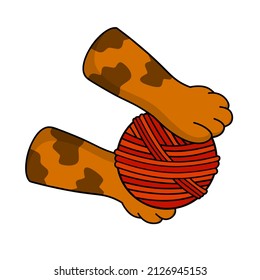 Cat paw hold skein of woolen threads. Hand caught ball. Cartoon illustration. Playful pet. Activity and fun of animal