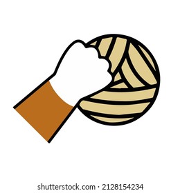 Cat paw hold skein of woolen threads. Playful pet. Activity and fun of animal. Hand caught ball. Cartoon illustration