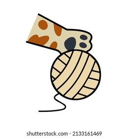 Cat paw hold skein of woolen threads. Playful pet. Activity and fun of animal. Hand caught ball. Cartoon illustration
