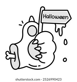 A cat paw holding halloween signboard, doodle style icon 

