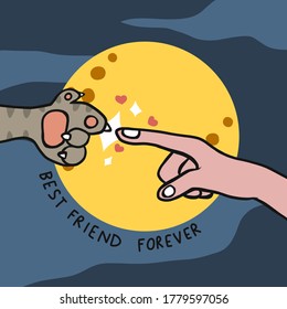 Cat paw and human finger in front of full moon cartoon, Best friend forever vector illustration