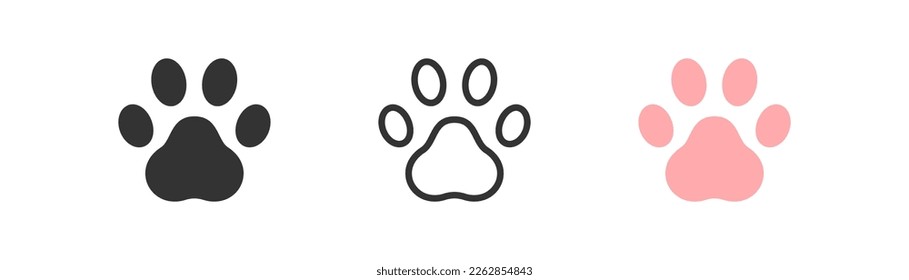 Cat paw icon on light background. Pet symbol. Zoo, pink trace, pet store. Outline, flat and colored style. Flat design. 
