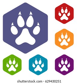 Cat paw icons set hexagon isolated vector illustration