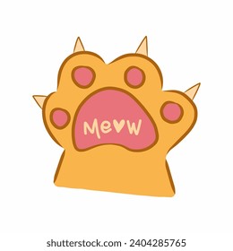 Cat paw Illustration. cat paw with text "meow". fluffy cat paw flat illustration.