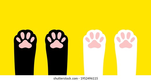 Cat paw leg foot print set. Kitten footprint icon. Cute cartoon character body part silhouette. Baby pet collection. Love. White black pink sign symbol. Flat design. Yellow background Isolated. Vector