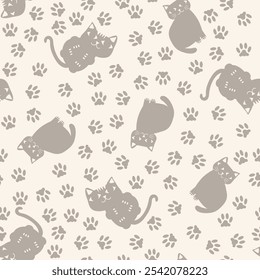 Cat and paw neutral seamless vector pattern background. Backdrop with silhouettes of sitting and lying down cats in a scattered layout. Ecru beige animal repeat for feline and pet products or blog.