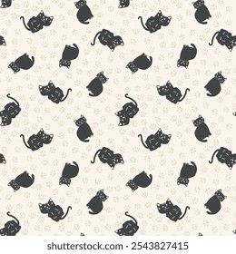 Cat and paw neutral seamless vector pattern background. Backdrop with silhouettes of sitting and lying down cats in a scattered layout. Animal repeat for feline and pet products, business or blog.